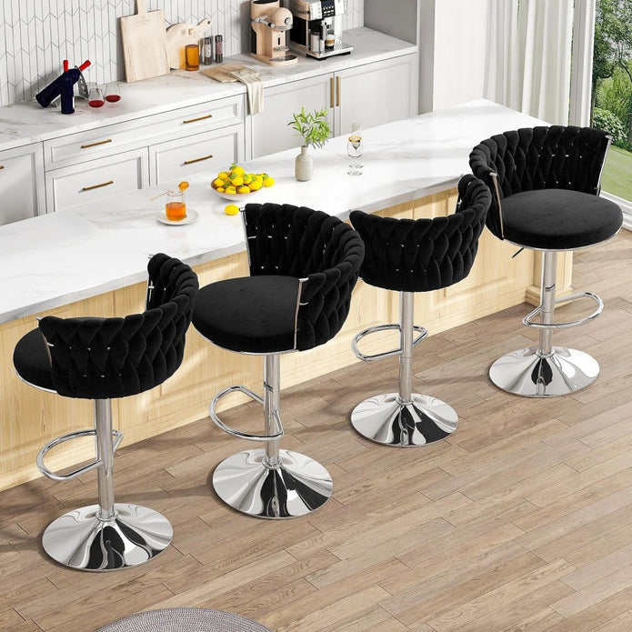 SERENITà 2 x Height Adjustable Counter Stool Swivel Bar Velvet Padded Metal Round Base - Black