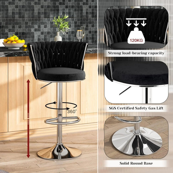 SERENITà 2 x Height Adjustable Counter Stool Swivel Bar Velvet Padded Metal Round Base - Black