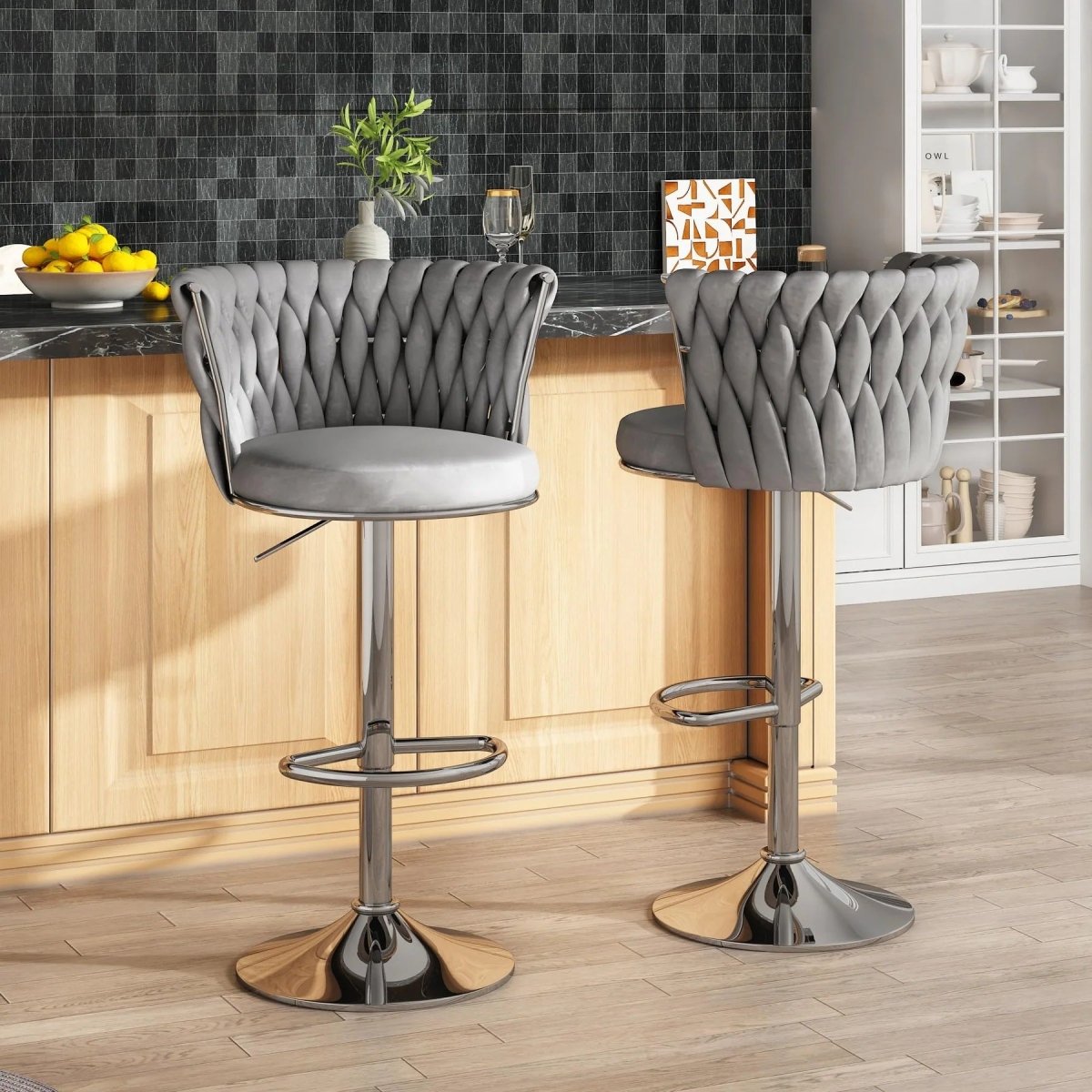 SERENITà 2 x Height Adjustable Counter Stool Swivel Bar Velvet Padded Metal Round Base - Grey