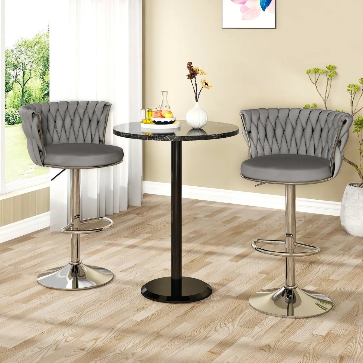 SERENITà 2 x Height Adjustable Counter Stool Swivel Bar Velvet Padded Metal Round Base - Grey