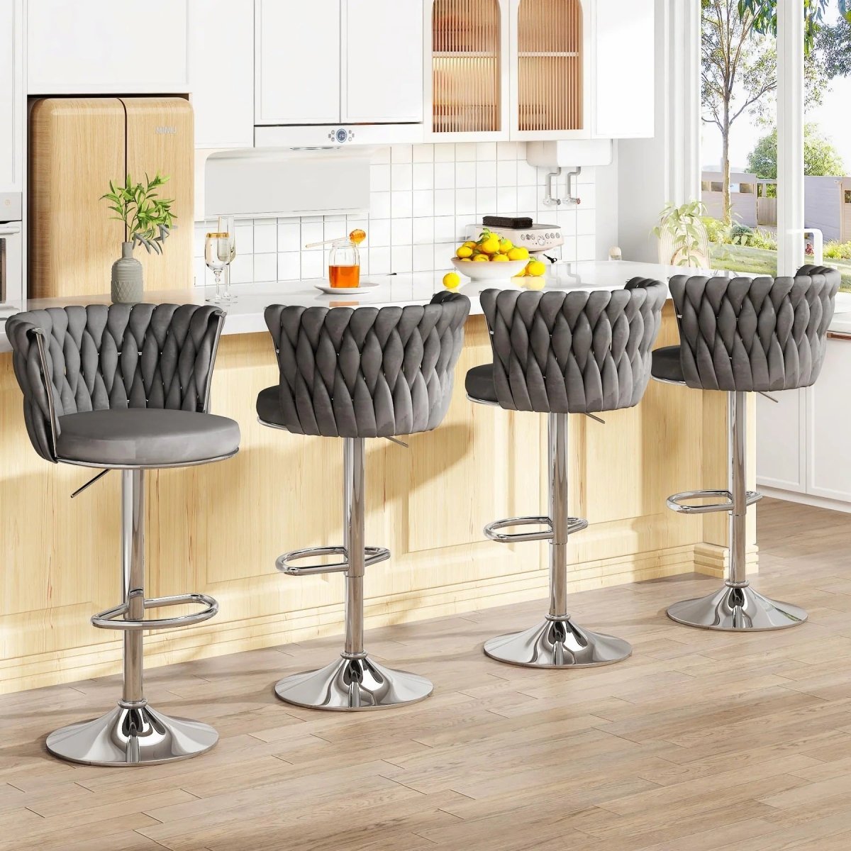 SERENITà 2 x Height Adjustable Counter Stool Swivel Bar Velvet Padded Metal Round Base - Grey