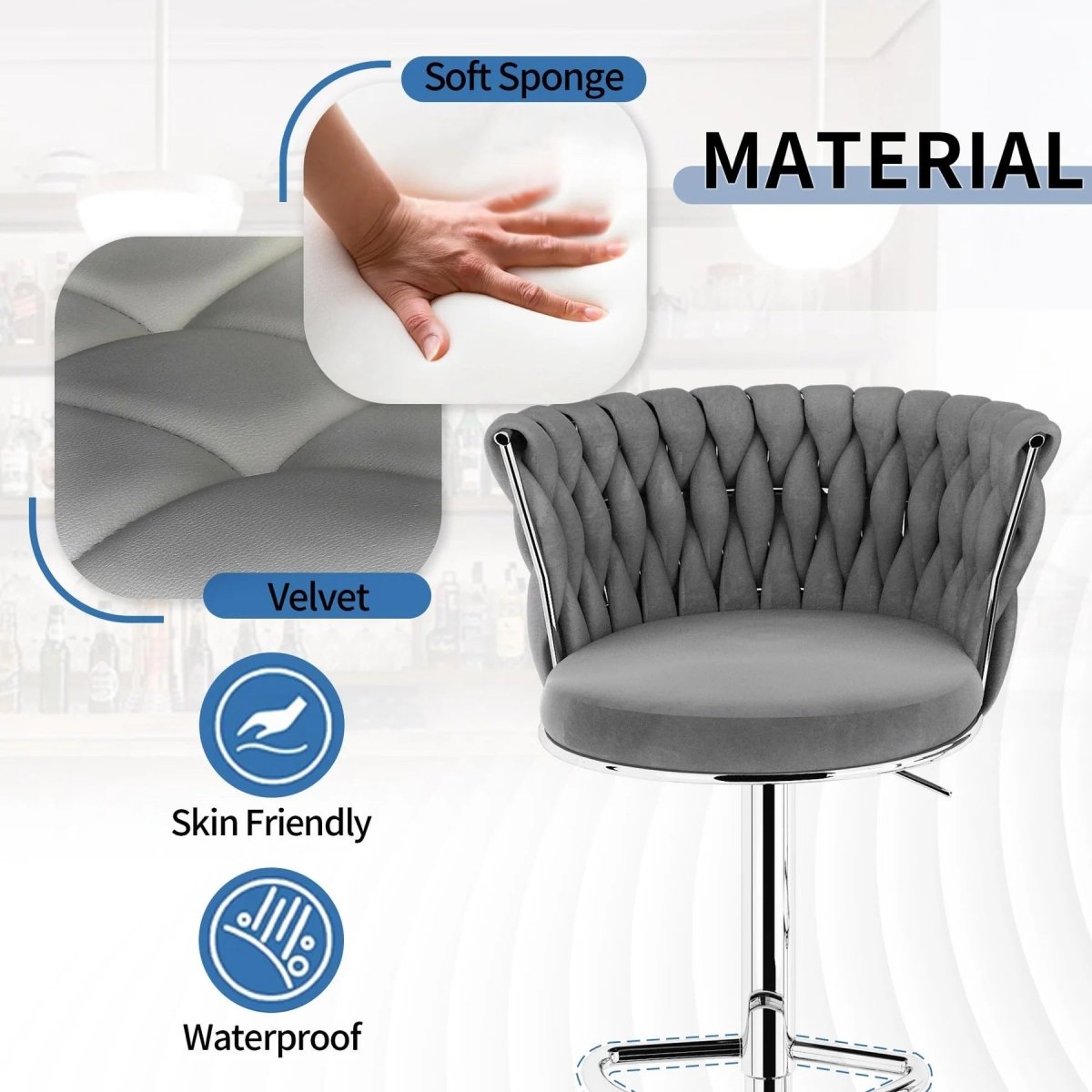 SERENITà 2 x Height Adjustable Counter Stool Swivel Bar Velvet Padded Metal Round Base - Grey
