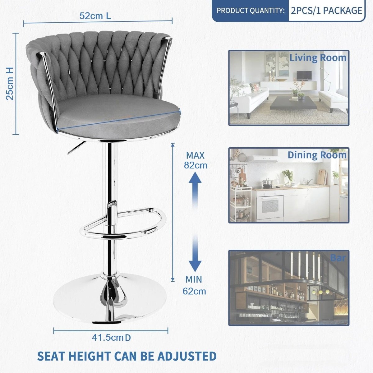 SERENITà 2 x Height Adjustable Counter Stool Swivel Bar Velvet Padded Metal Round Base - Grey