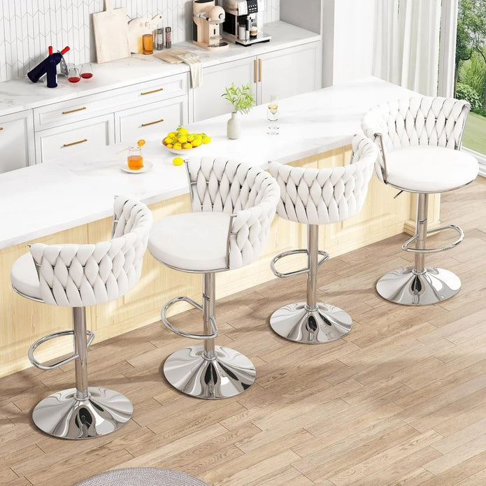 SERENITà 2 x Height Adjustable Counter Stool Swivel Bar Velvet Padded Metal Round Base - White