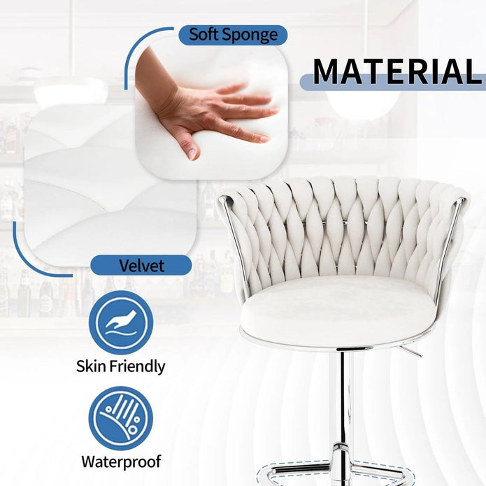 SERENITà 2 x Height Adjustable Counter Stool Swivel Bar Velvet Padded Metal Round Base - White