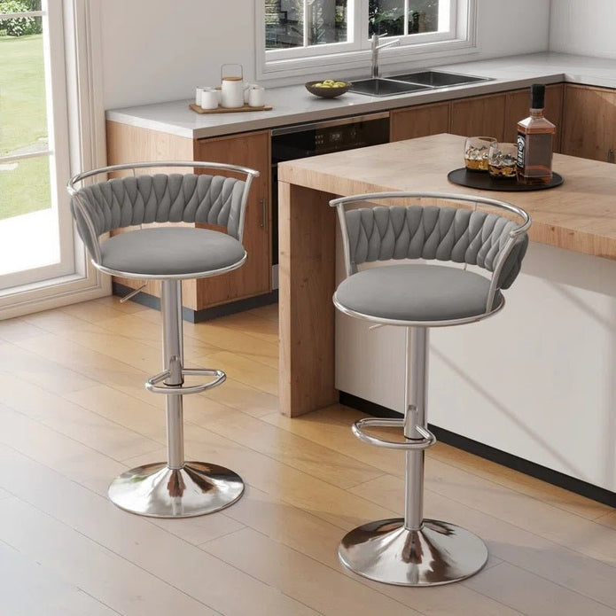 SERENITà 2 x Height Adjustable Swivel Bar Velvet Padded Metal Round Base - Grey