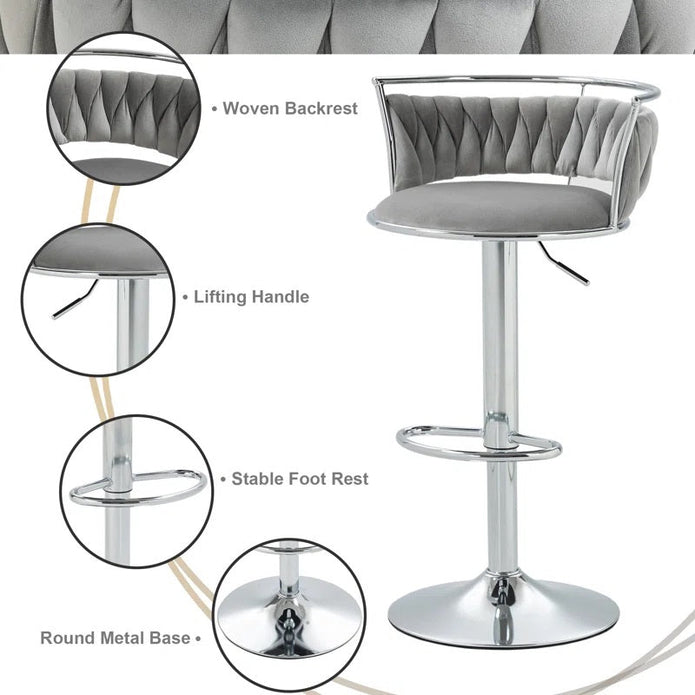 SERENITà 2 x Height Adjustable Swivel Bar Velvet Padded Metal Round Base - Grey