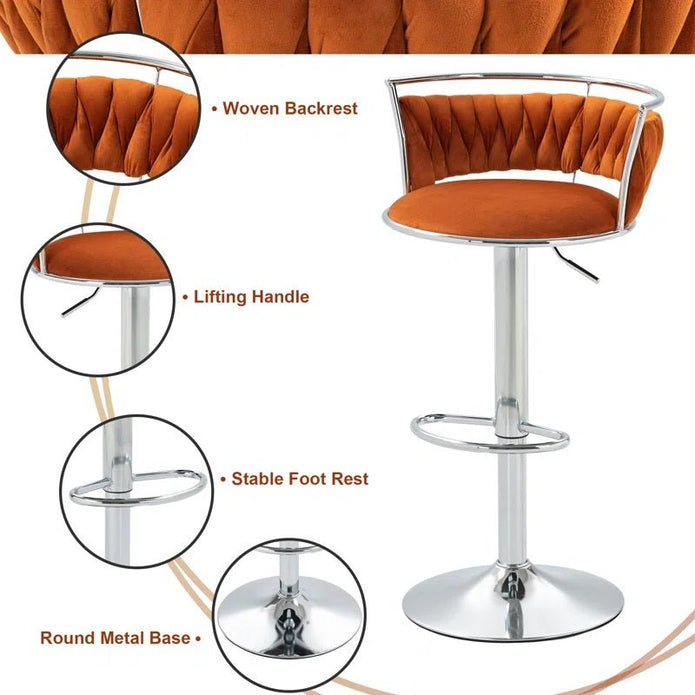 SERENITà 2 x Height Adjustable Swivel Bar Velvet Padded Metal Round Base - Orange