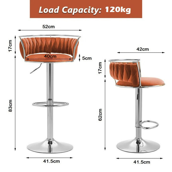 SERENITà 2 x Height Adjustable Swivel Bar Velvet Padded Metal Round Base - Orange