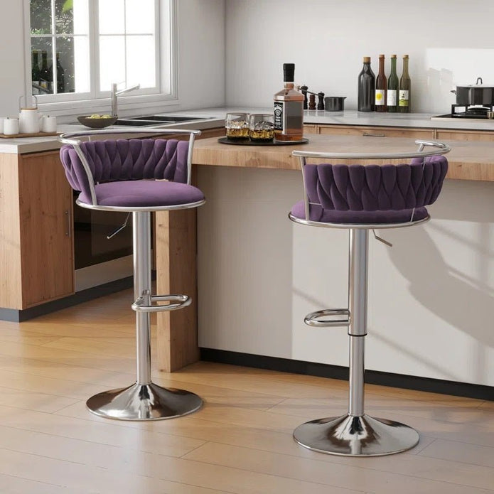 SERENITà 2 x Height Adjustable Swivel Bar Velvet Padded Metal Round Base - Violet