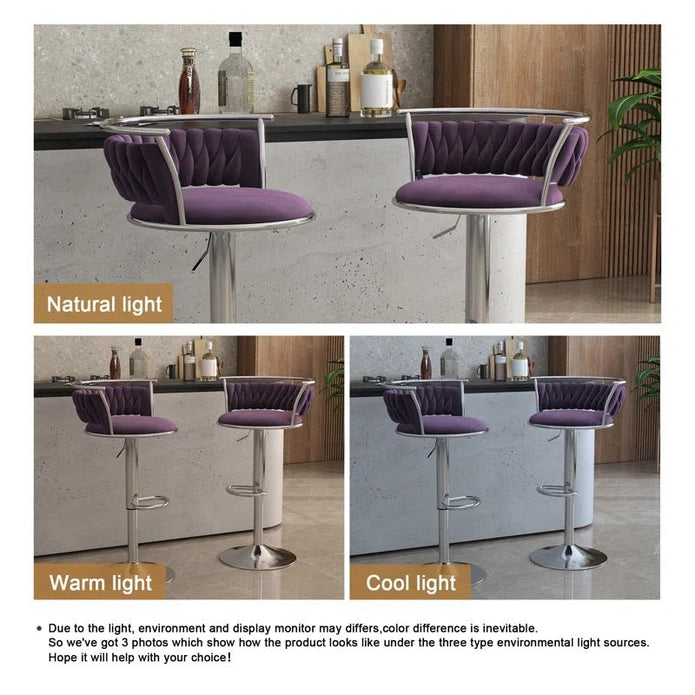 SERENITà 2 x Height Adjustable Swivel Bar Velvet Padded Metal Round Base - Violet