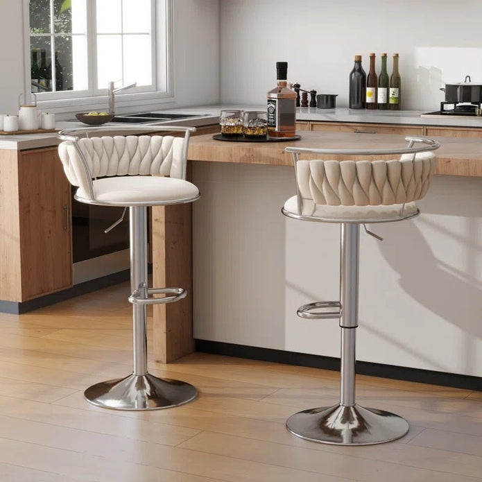 SERENITà 2 x Height Adjustable Swivel Bar Velvet Padded Metal Round Base - White
