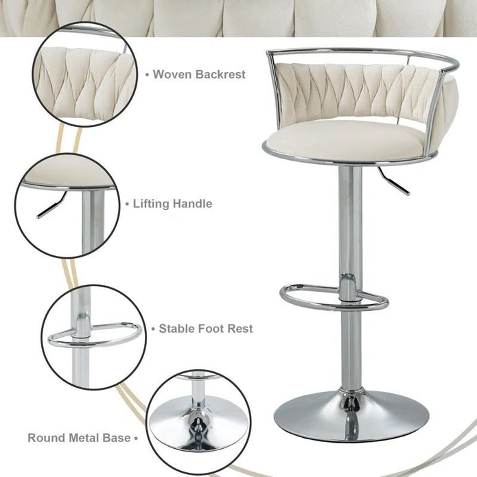 SERENITà 2 x Height Adjustable Swivel Bar Velvet Padded Metal Round Base - White