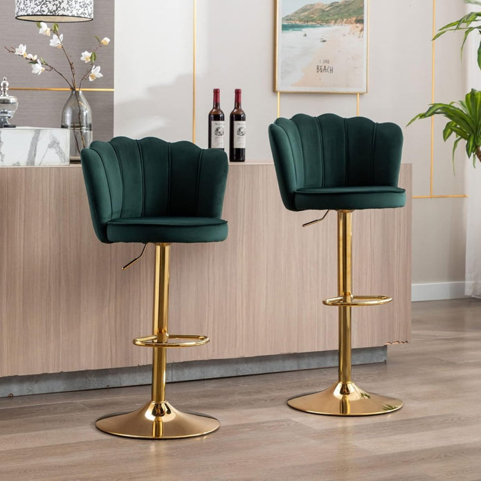 SERENITà 2 x Height Adjustable Counter Stool Swivel Bar Velvet Padded Golden Base - Emerald Green