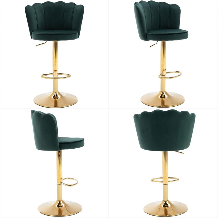 SERENITà 2 x Height Adjustable Counter Stool Swivel Bar Velvet Padded Golden Base - Emerald Green