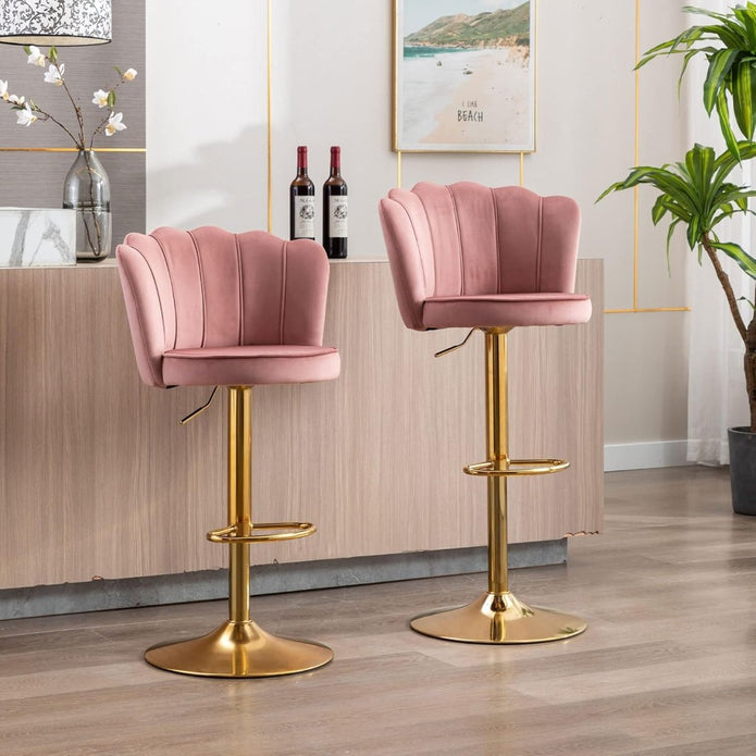 SERENITà 2 x Height Adjustable Counter Stool Swivel Bar Velvet Padded Golden Base - Pink