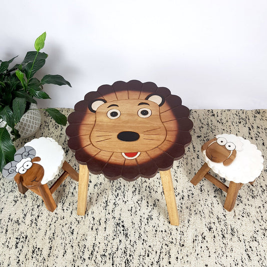 Children's Lion Table + 2 Stools Set