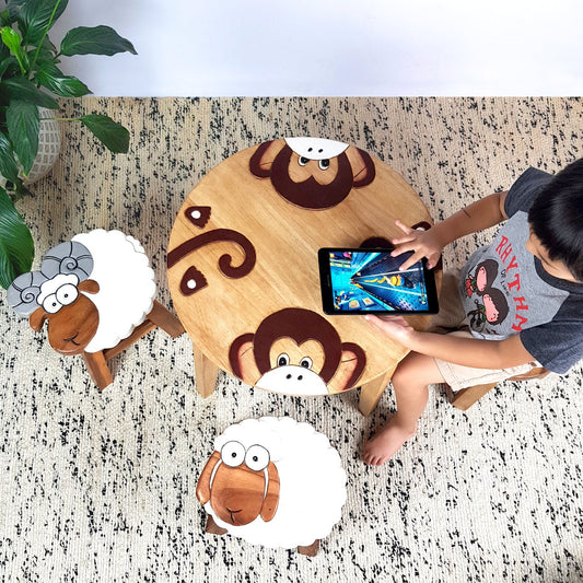 Children's Monkey Table + 2 Stools Set